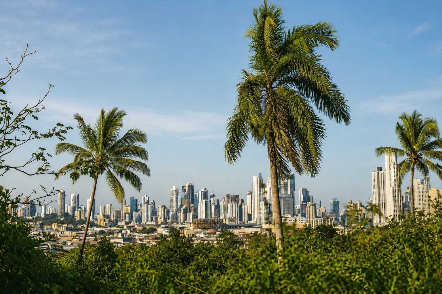 Palma stagliata sullo skyline di Panama City al tramonto