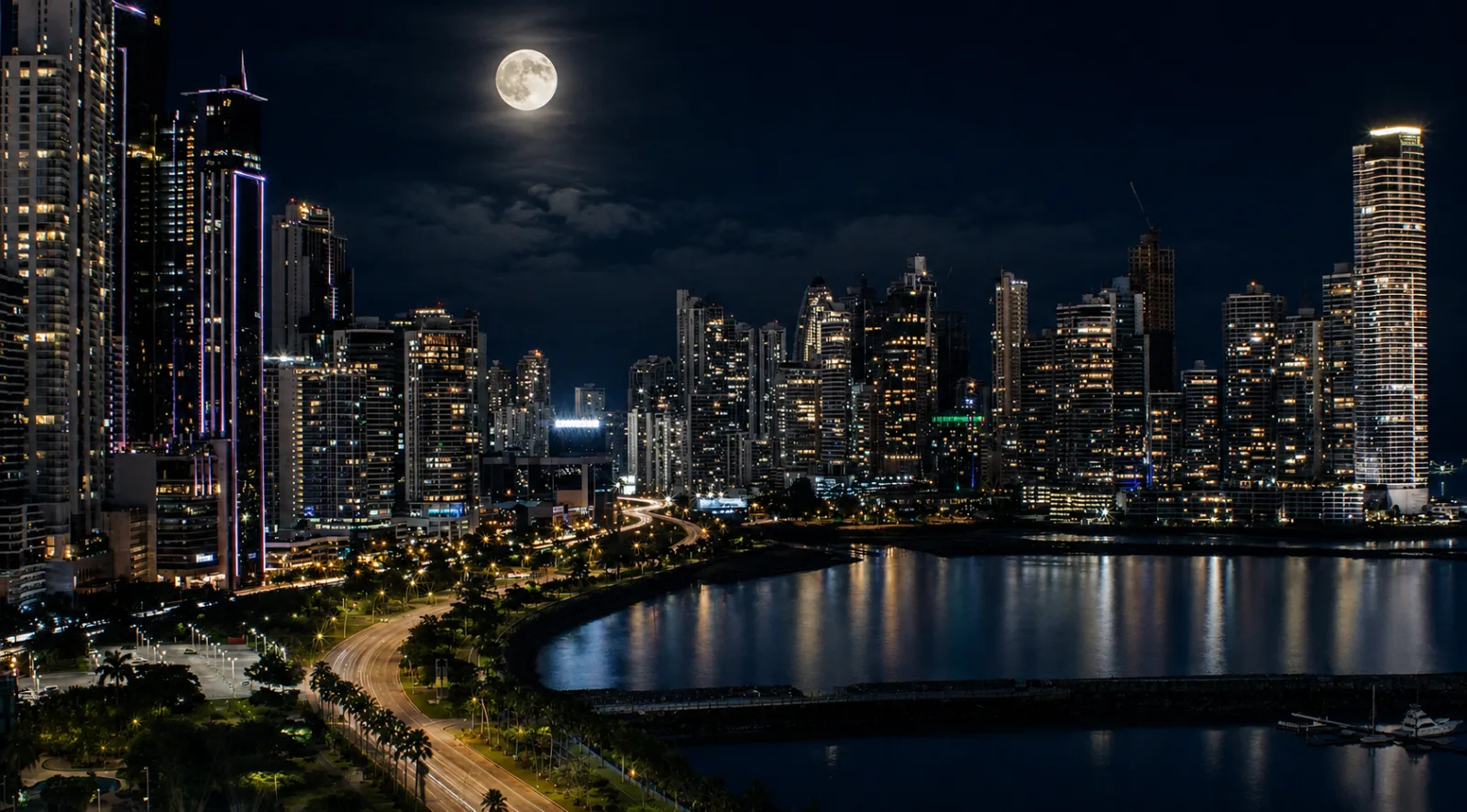 Skyline notturno di Panama City riflesso sulla baia